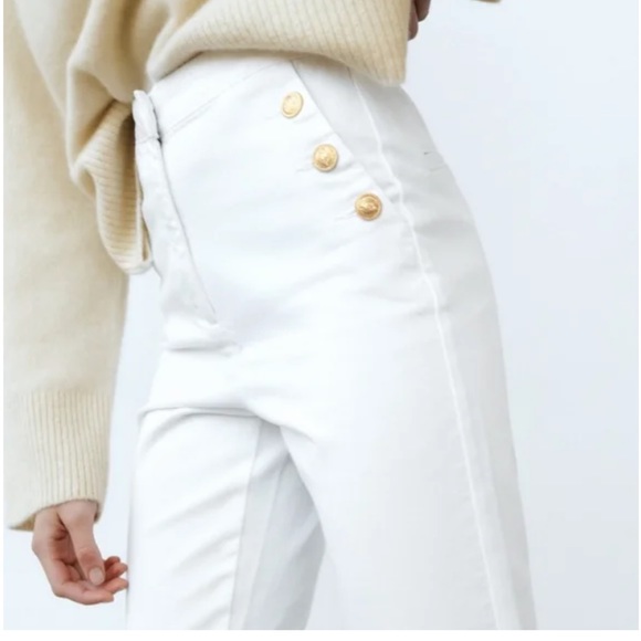 NWT Zara Gold Button White Jeans - Picture 2 of 9